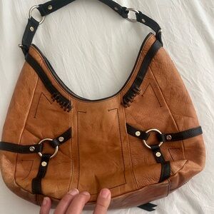 Tan Leather Shoulder Bag with Black Trim